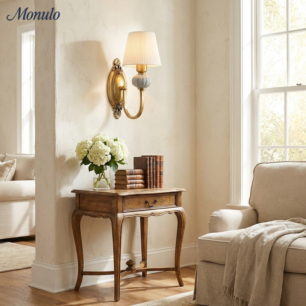 Keramische wandlamp met stoffen kap, 1 of 2 E27-lampen