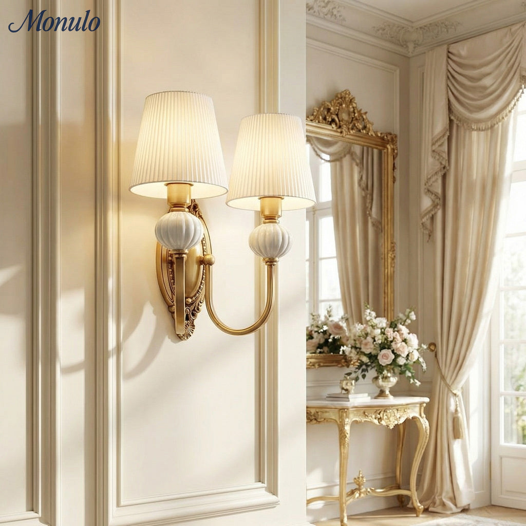 Keramische wandlamp met stoffen kap, 1 of 2 E27-lampen