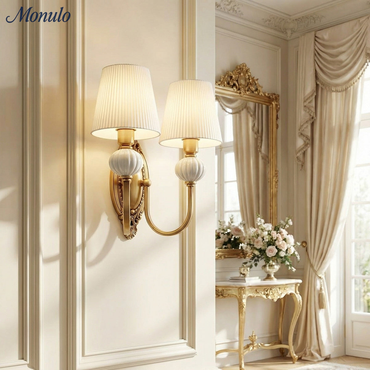 Keramische wandlamp met stoffen kap, 1 of 2 E27-lampen