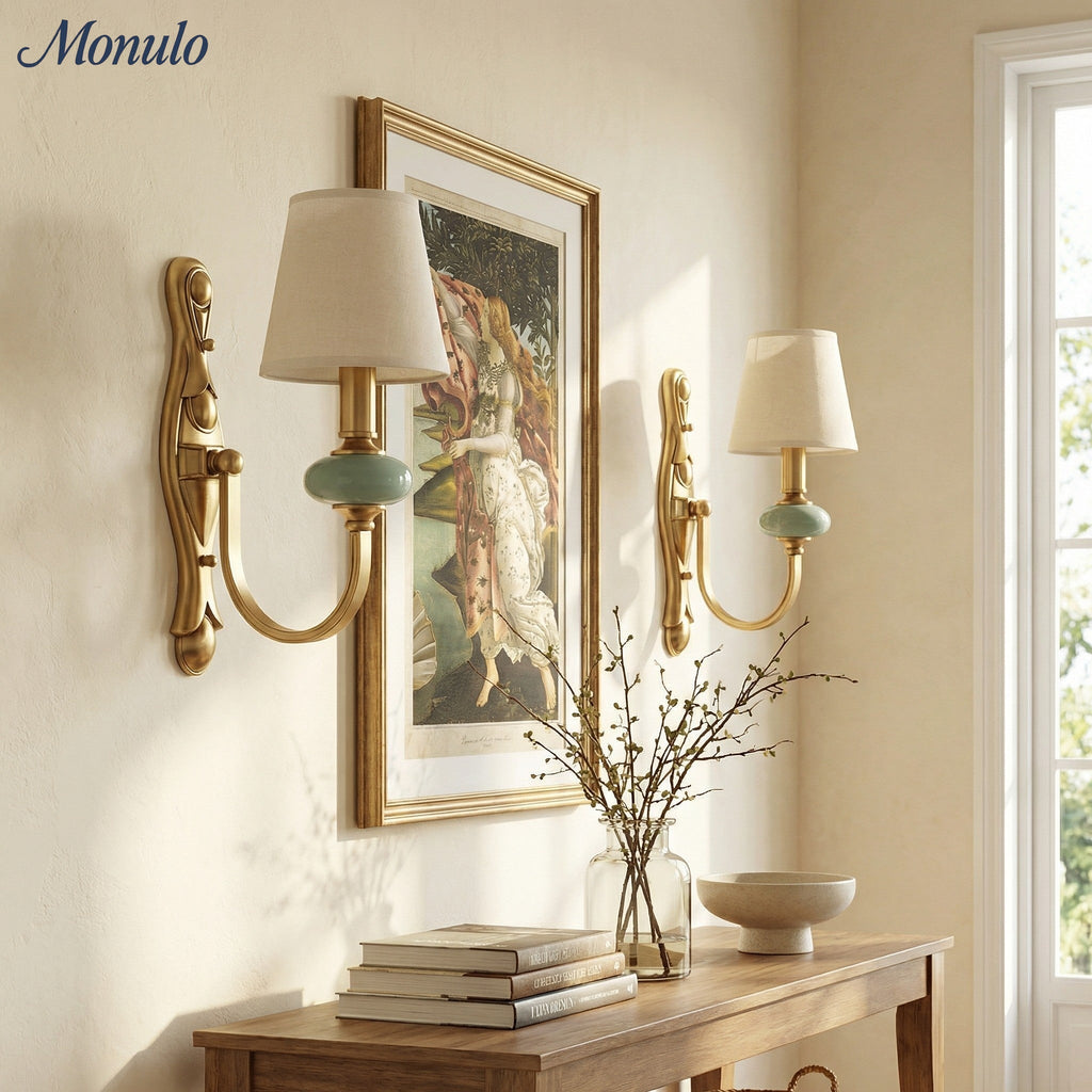 Keramische wandlamp met stoffen kap, 1 of 2 E27-lampen