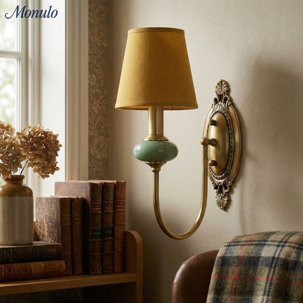 Keramische wandlamp met stoffen kap, 1 of 2 E27-lampen