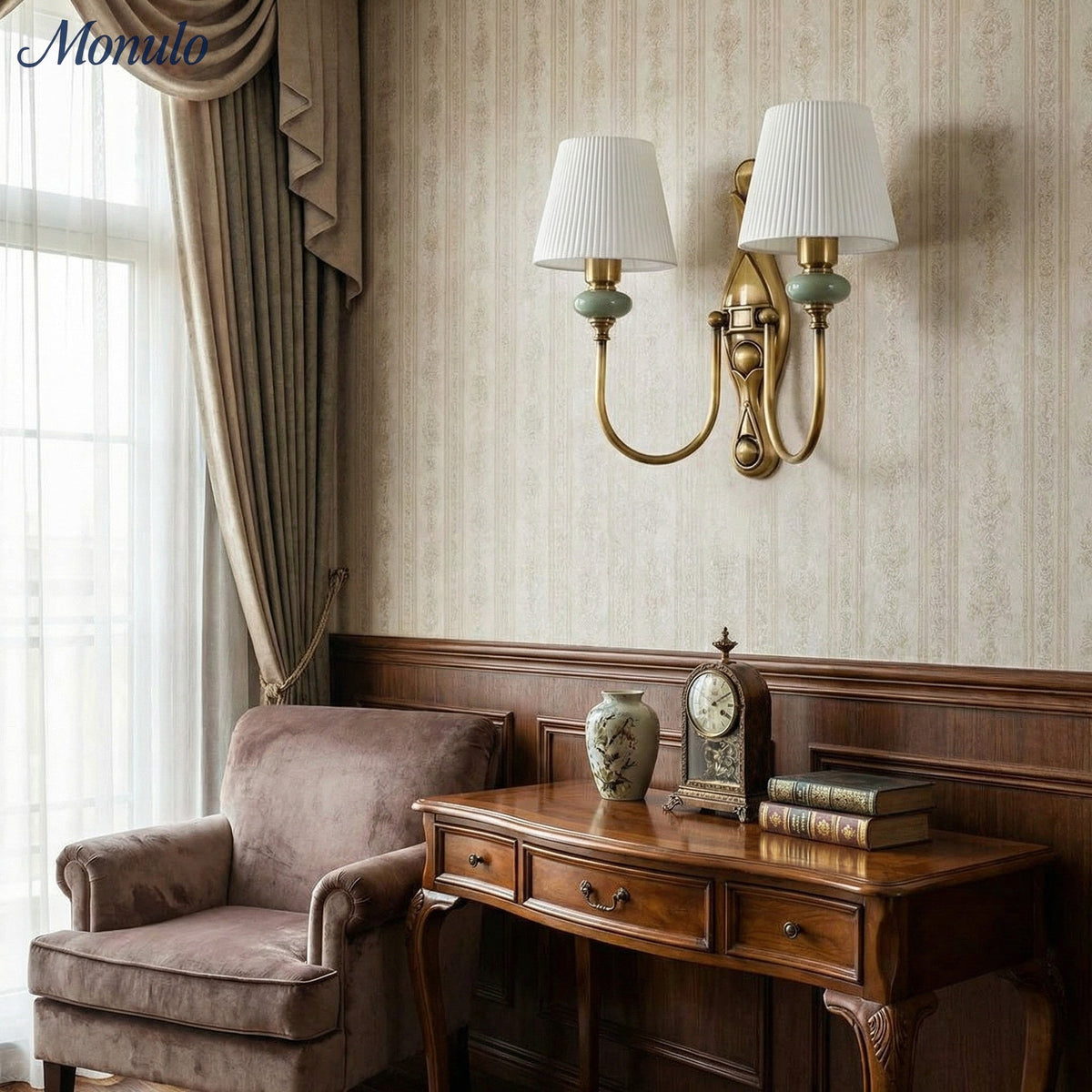 Keramische wandlamp met stoffen kap, 1 of 2 E27-lampen
