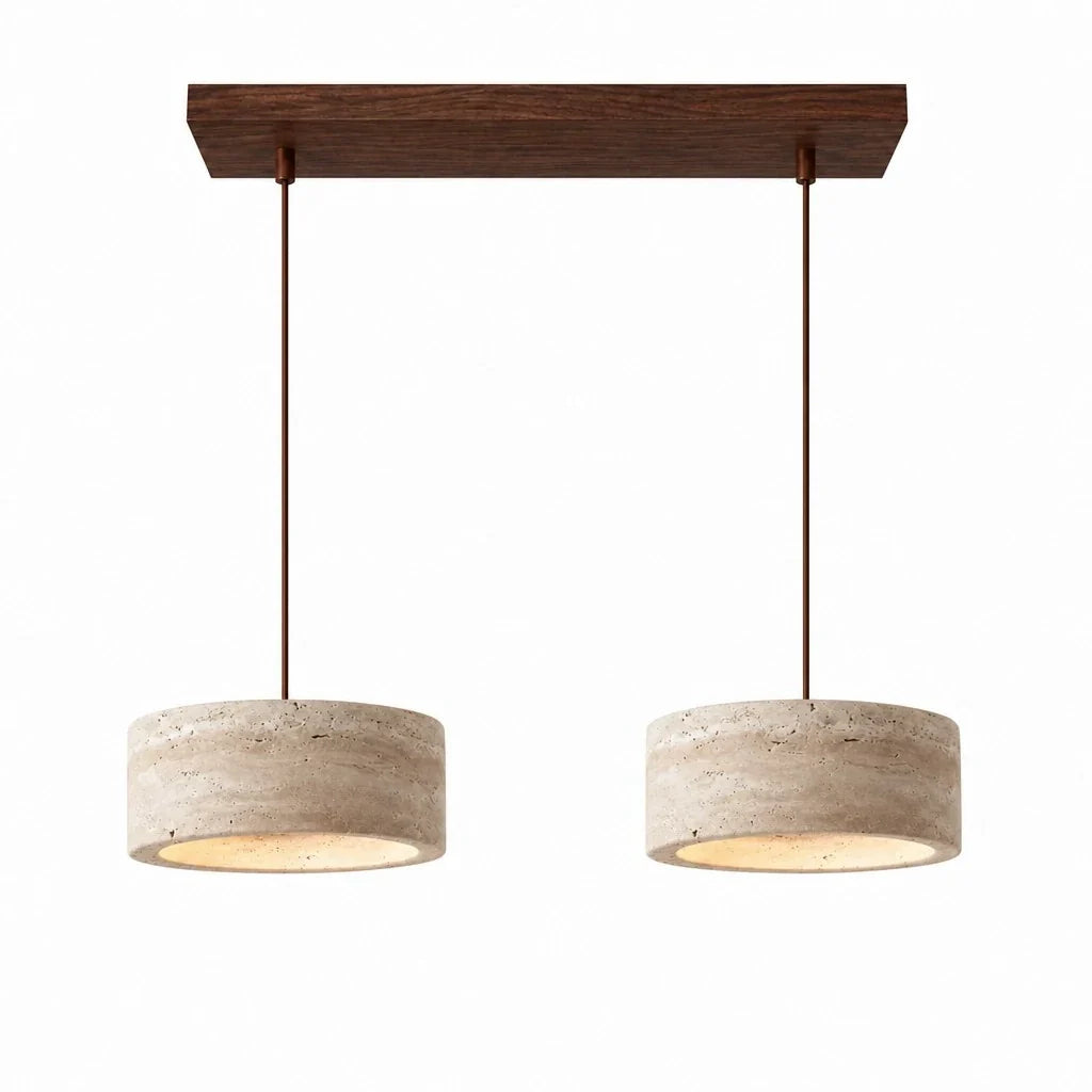 Lampada a sospensione in travertino — pietra naturale color crema, wabi-sabi
