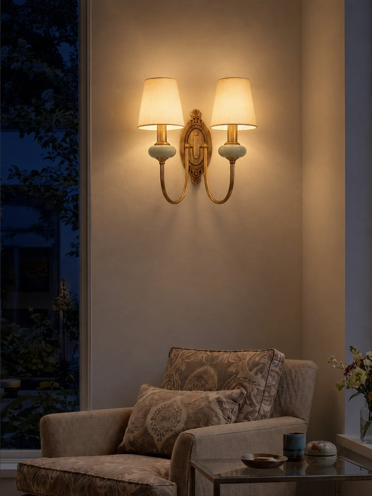 Keramische wandlamp met stoffen kap, 1 of 2 E27-lampen