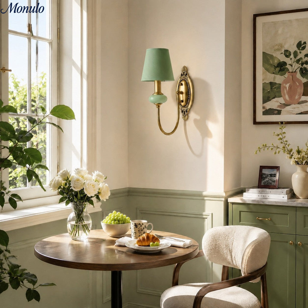 Keramische wandlamp met stoffen kap, 1 of 2 E27-lampen