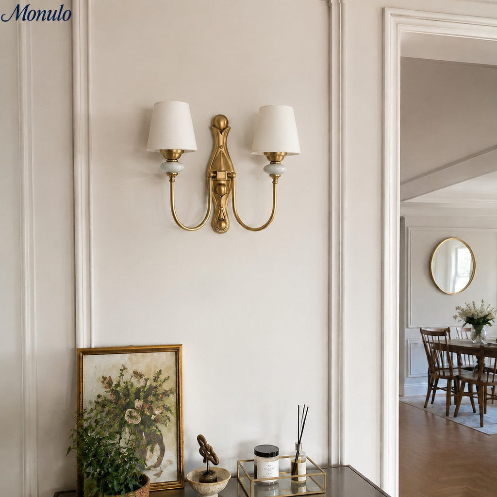 Keramische wandlamp met stoffen kap, 1 of 2 E27-lampen