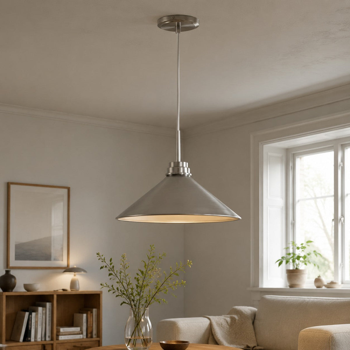 Kegelförmige Pendelleuchte — dimmbarer Landhausstil