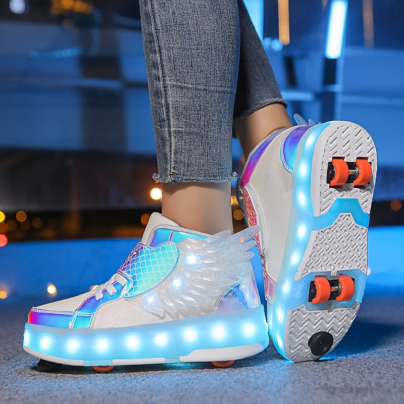 Zapatillas deportivas con alas, luces y patines de ruedas recargables por USB