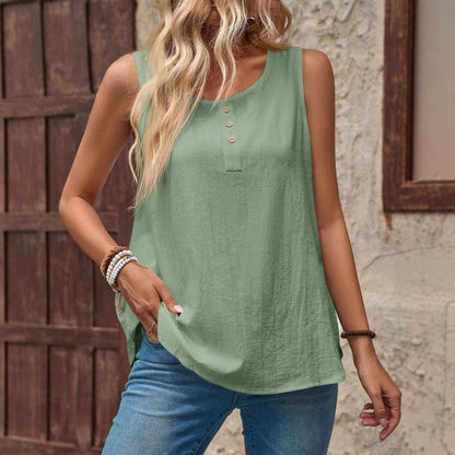 Haut femme col rond, sans manches, en coton.