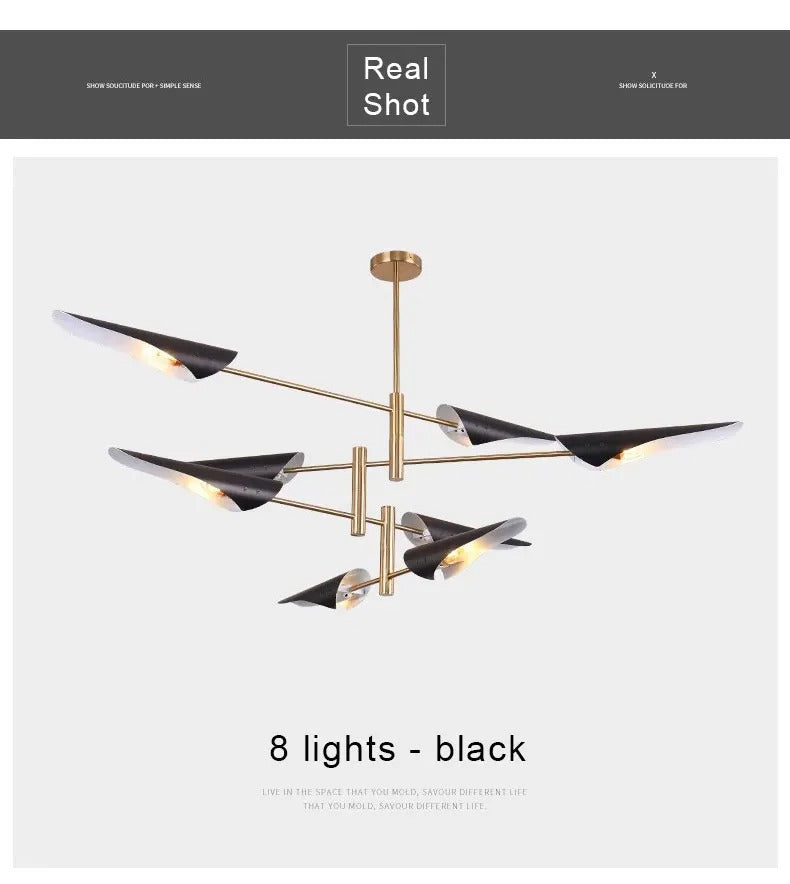 Astra Horizon Contemporary Chandelier — Black Driftwood Shading, Brass Structural Details
