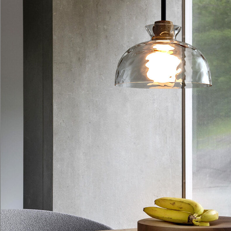 E26-Pendelleuchte – Transparenter Glasschirm mit Holz, Retro