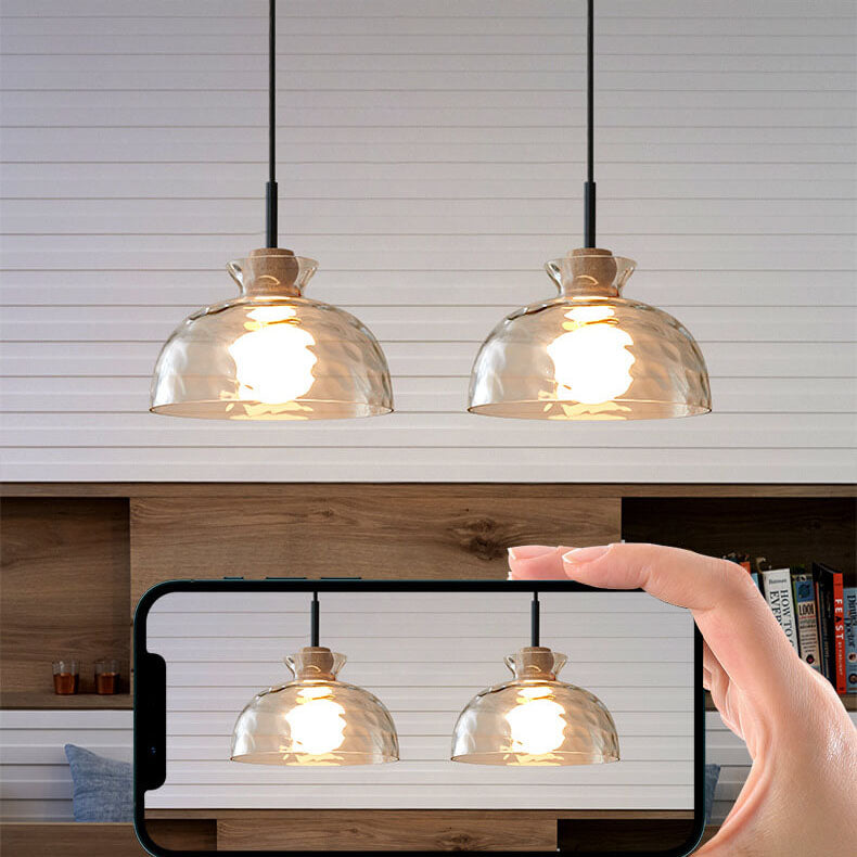 E26-Pendelleuchte – Transparenter Glasschirm mit Holz, Retro