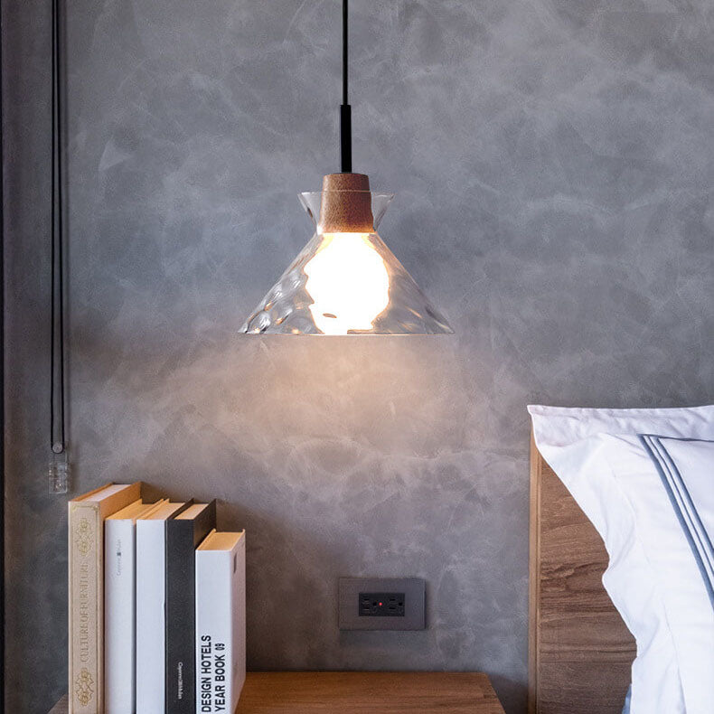E26-Pendelleuchte – Transparenter Glasschirm mit Holz, Retro
