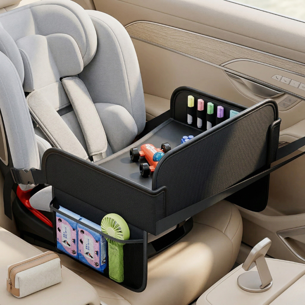 Organiseur avec plateau-repas pour banquette arrière - surface facile à nettoyer, base stable