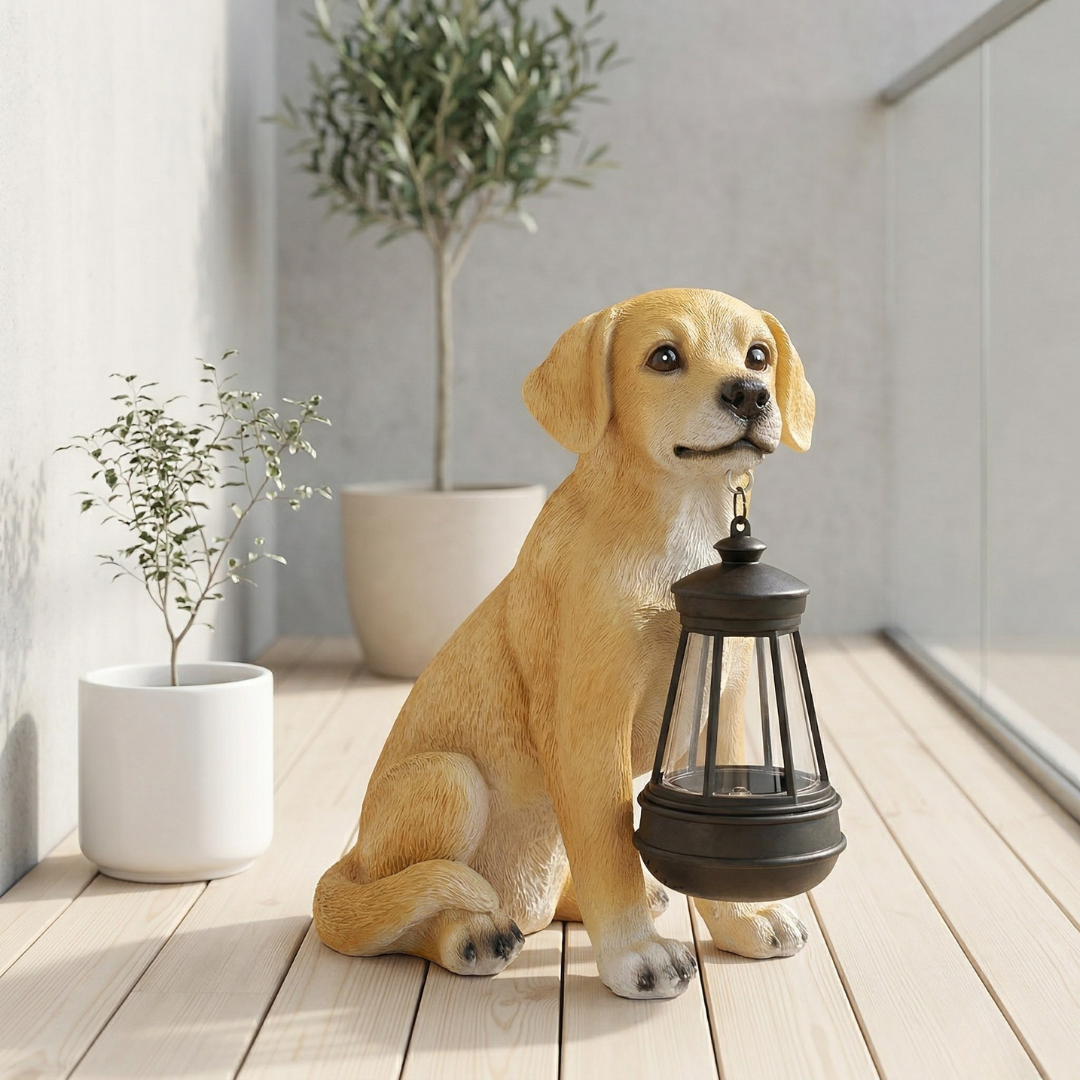 Estátua canina alimentada por energia solar — Leve, carregamento à luz do dia, brilho quente noturno