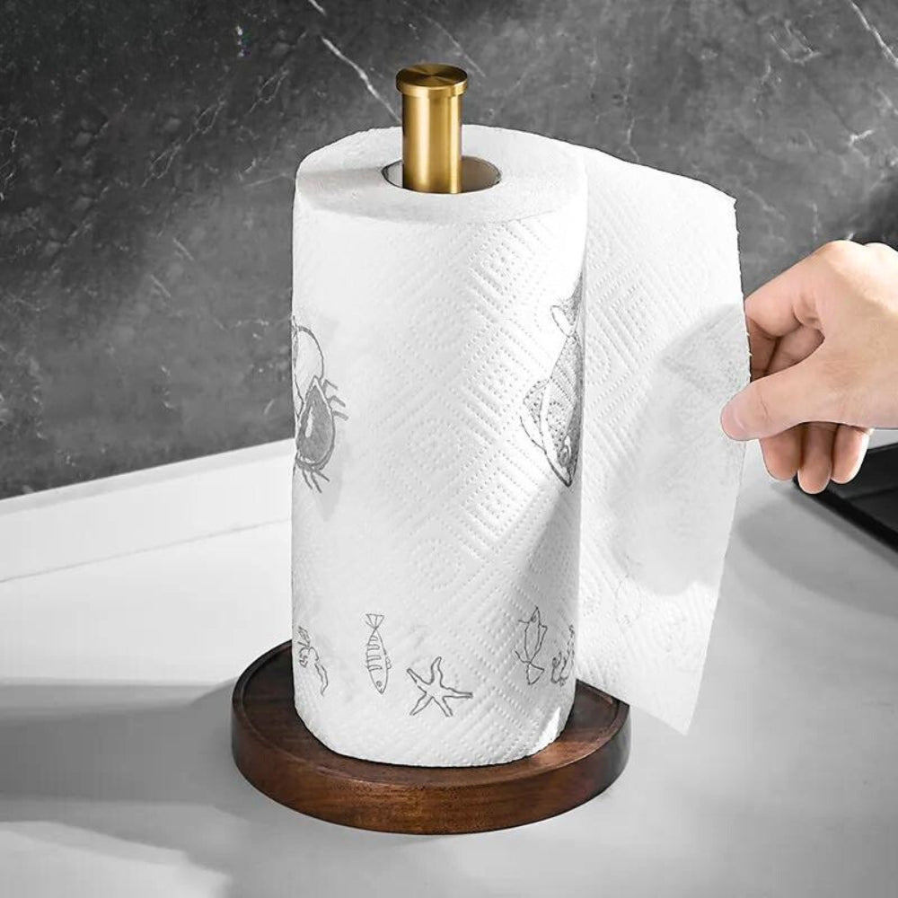 Pähkinäpuinen talouspaperiteline keittiöön — kultaista ruostumatonta terästä, 27 cm