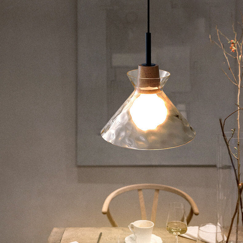 E26-Pendelleuchte – Transparenter Glasschirm mit Holz, Retro