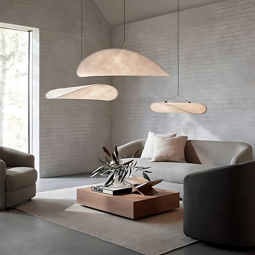 Lampa wisząca w stylu Japandi — ręcznie tkany jedwabny klosz, Ø40/Ø60/Ø80