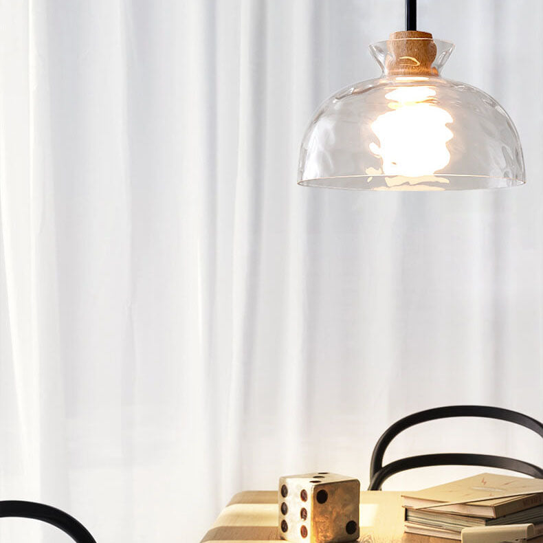 E26-Pendelleuchte – Transparenter Glasschirm mit Holz, Retro