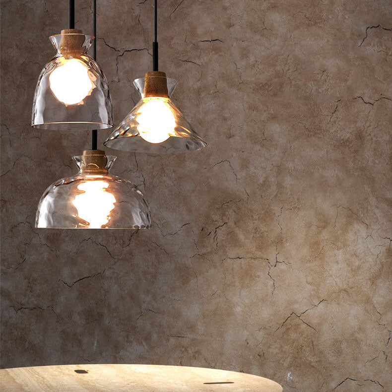 E26-Pendelleuchte – Transparenter Glasschirm mit Holz, Retro