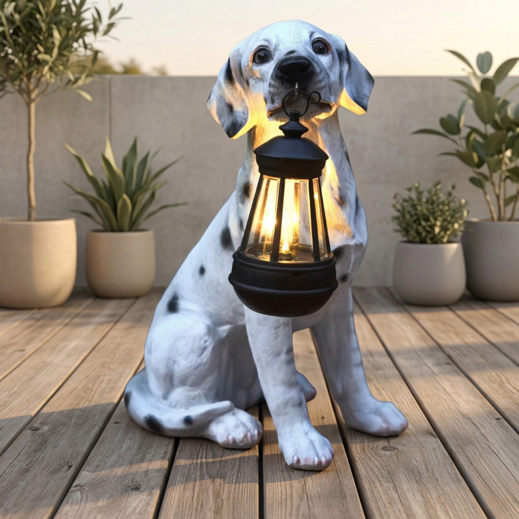 Decorazione da giardino a forma di cucciolo giocoso alimentata a energia solare — design con luce notturna