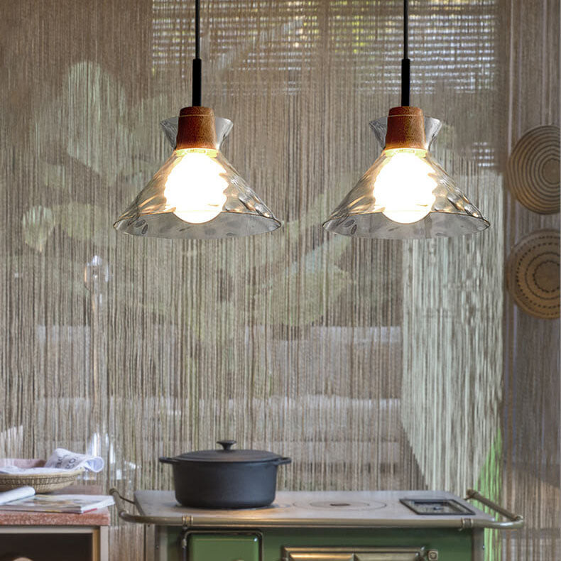 E26-Pendelleuchte – Transparenter Glasschirm mit Holz, Retro