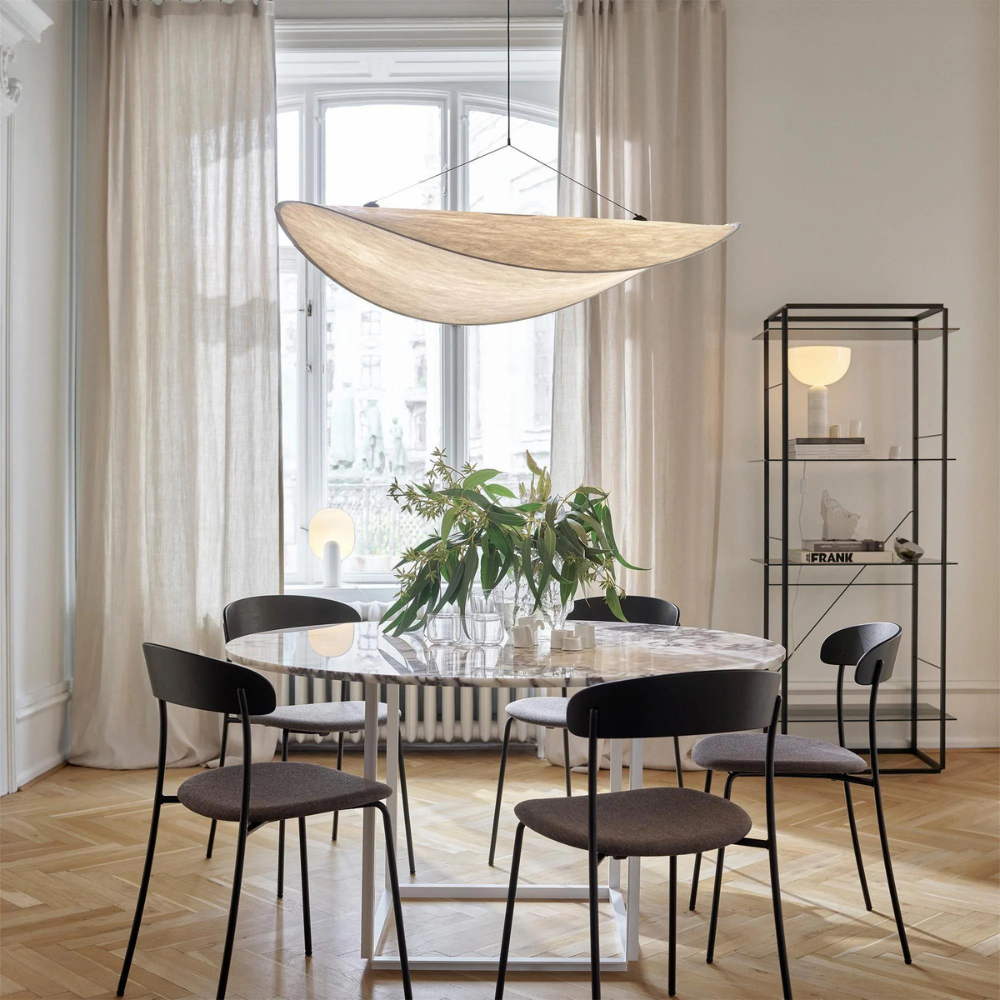 Lampa wisząca w stylu Japandi — ręcznie tkany jedwabny klosz, Ø40/Ø60/Ø80