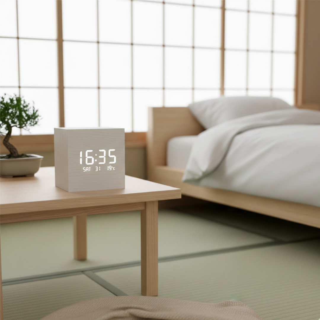 Reloj despertador LED cúbico - pantalla digital compacta, temporizador de mesita de noche