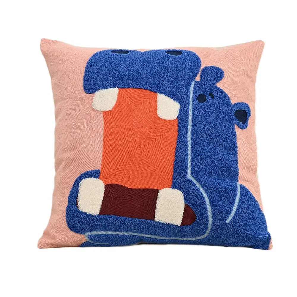 Față de pernă scandinavă cu broderie cu animale, 45x45, poliester și bumbac