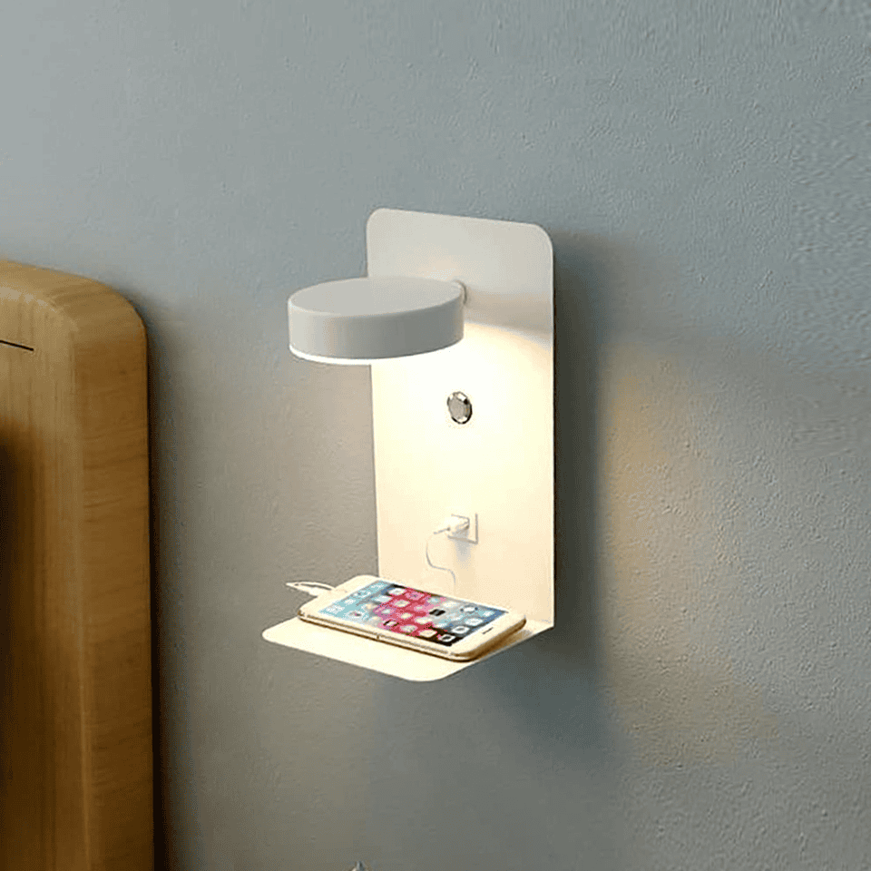 USB充電トレイ付きモダンウォールランプ、温かみのある光