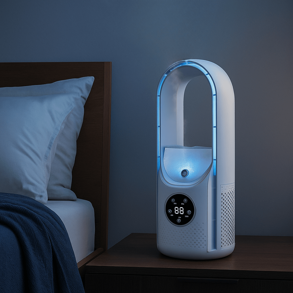 Ventilatore ricaricabile senza pale da 30.5cm, silenzioso, bianco e blu