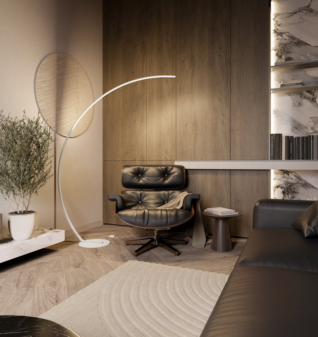 Gulvlampe med bue, 170cm — dæmpbar LED, sort og hvid