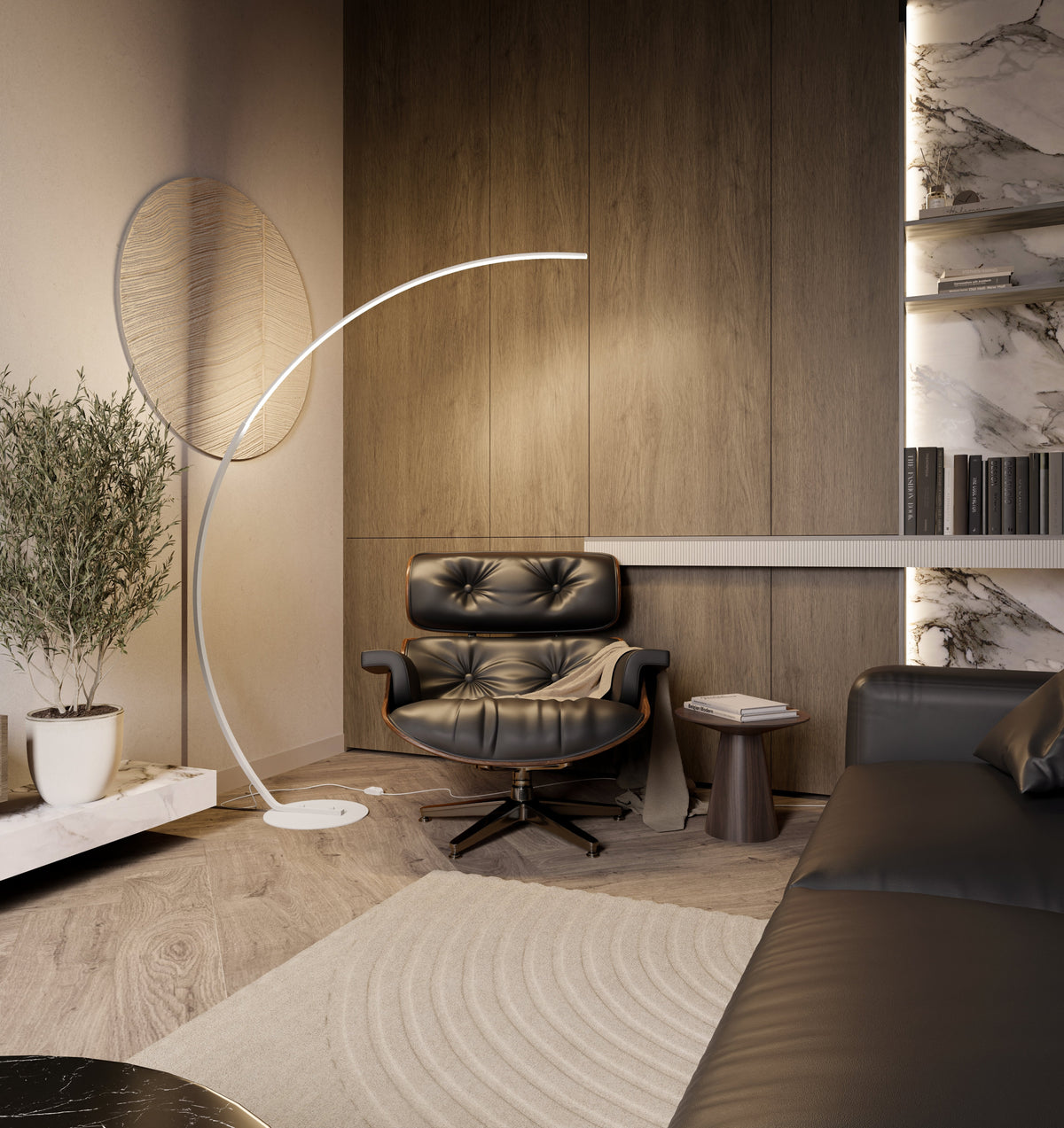Gulvlampe med bue, 170cm — dæmpbar LED, sort og hvid