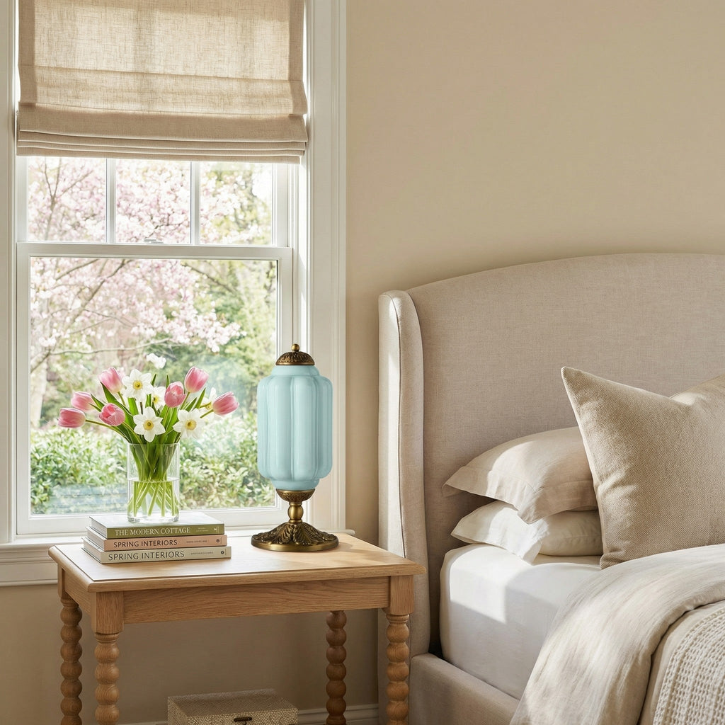 Retro Lamp — Cream-Colored Textured Glass, Brass/Black Frame