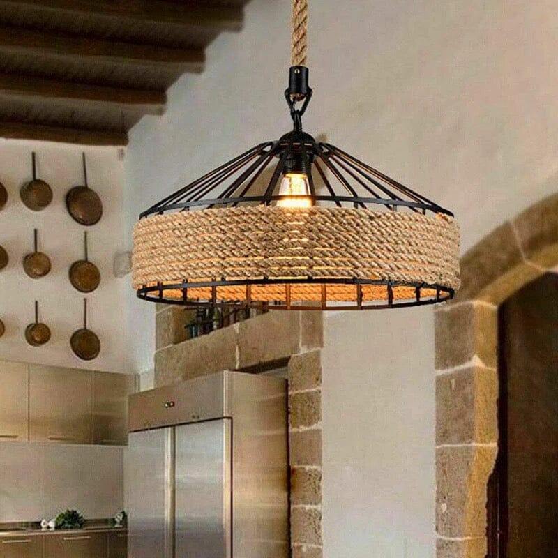 Ropehaven Vintage Pendant Light — Distressed Metal Shade, Hemp Rope Detail