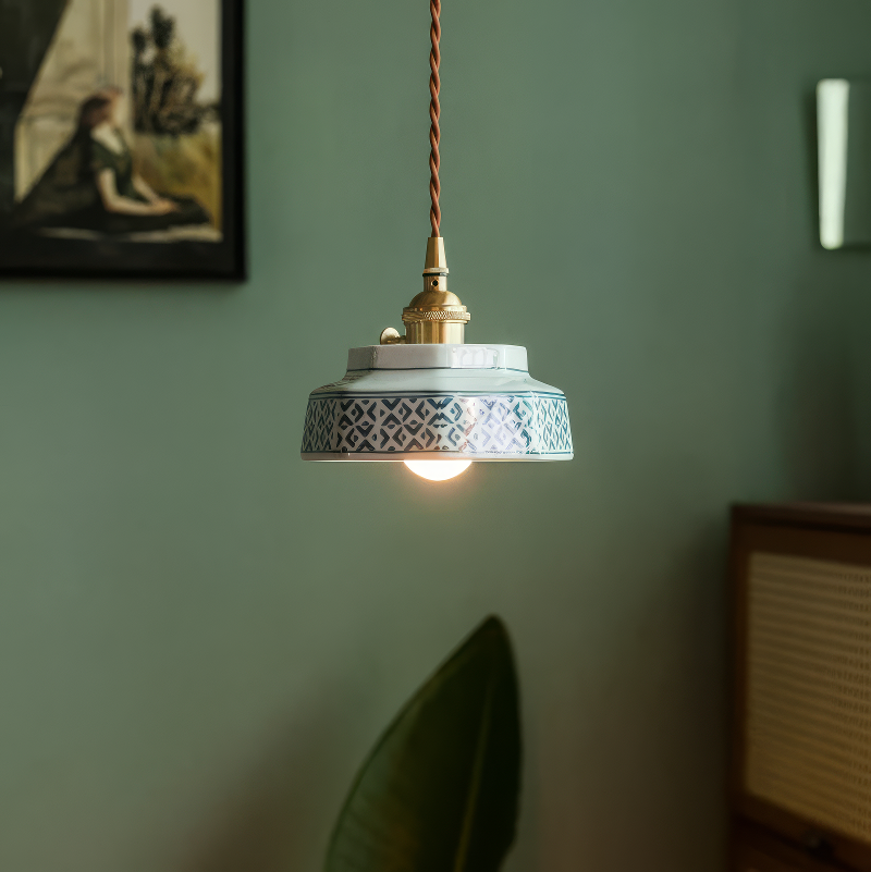 Lampă suspendată din ceramică pictată manual, element de fixare din cupru