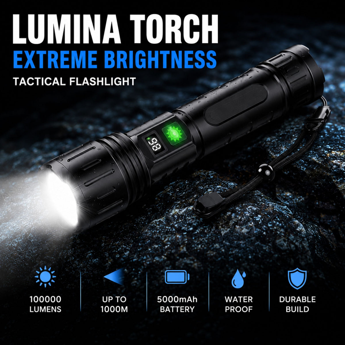Tactische zaklamp — 100000 lumen, 5000mAh, waterdicht