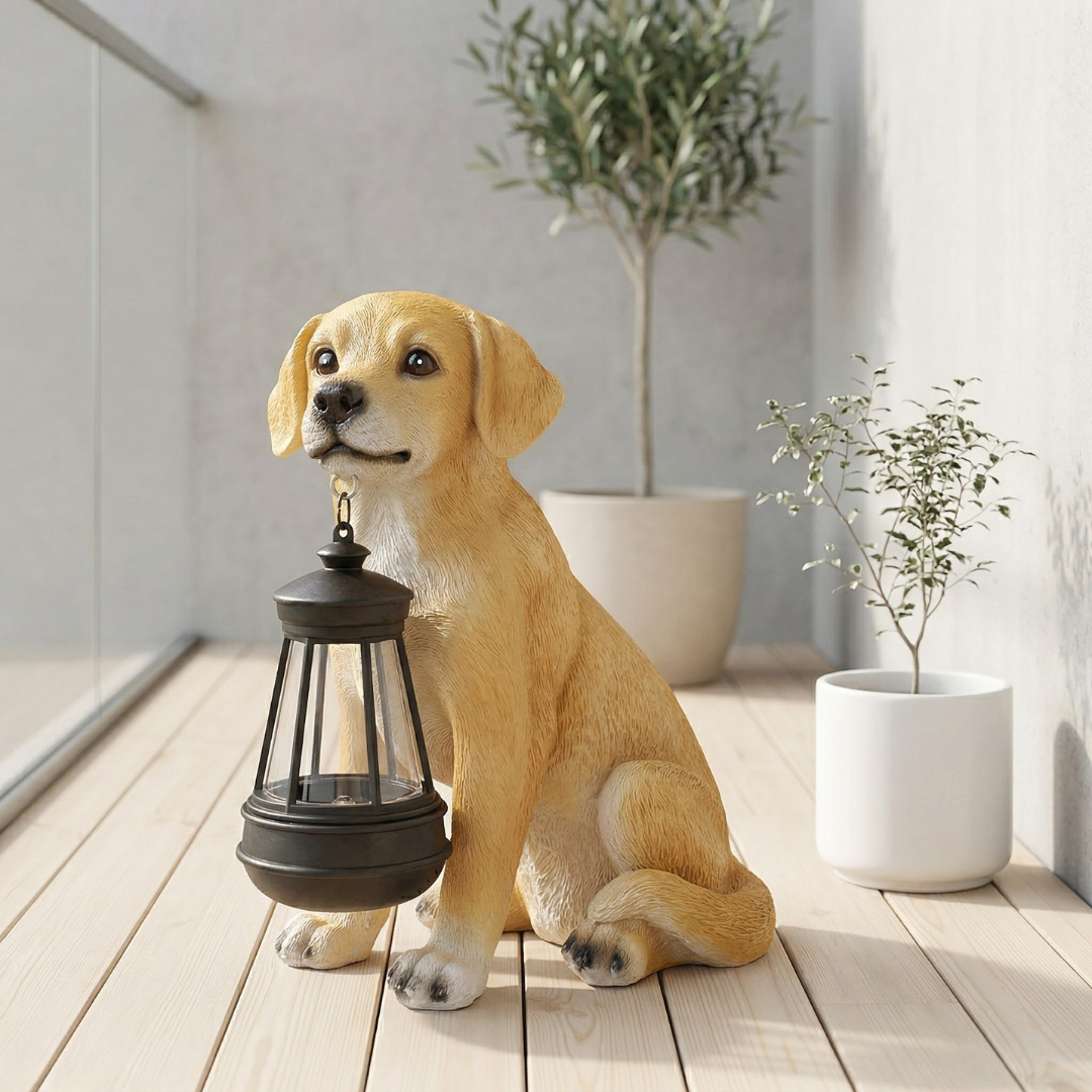 Estátua canina alimentada por energia solar — Leve, carregamento à luz do dia, brilho quente noturno