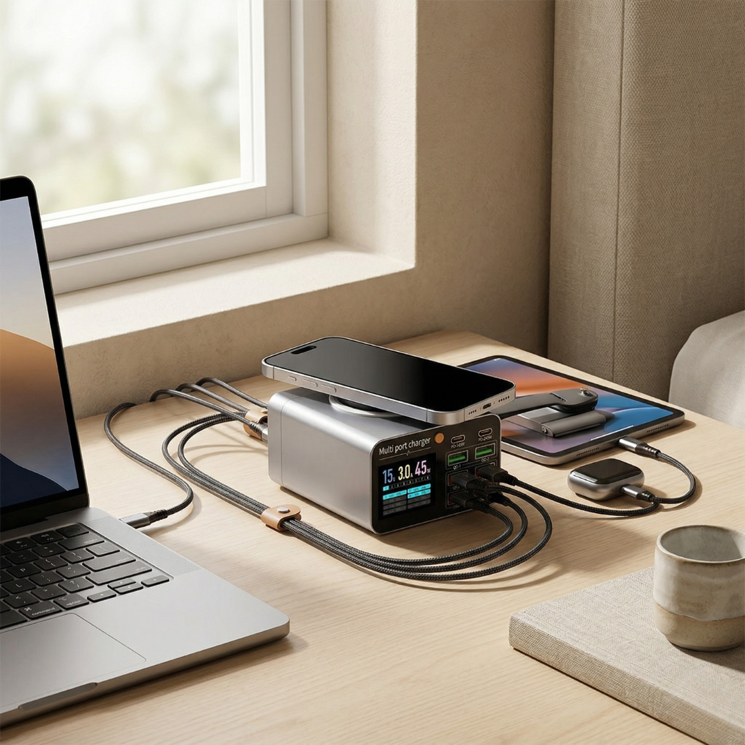 Estación de carga USB de ocho puertos — Salida rápida PD y QC3.0, superficie inalámbrica integrada