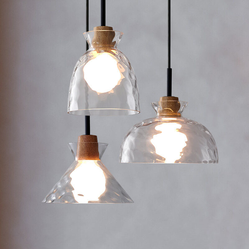 E26-Pendelleuchte – Transparenter Glasschirm mit Holz, Retro