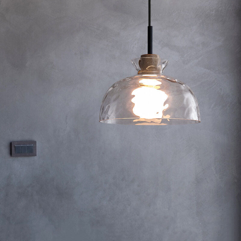 E26-Pendelleuchte – Transparenter Glasschirm mit Holz, Retro