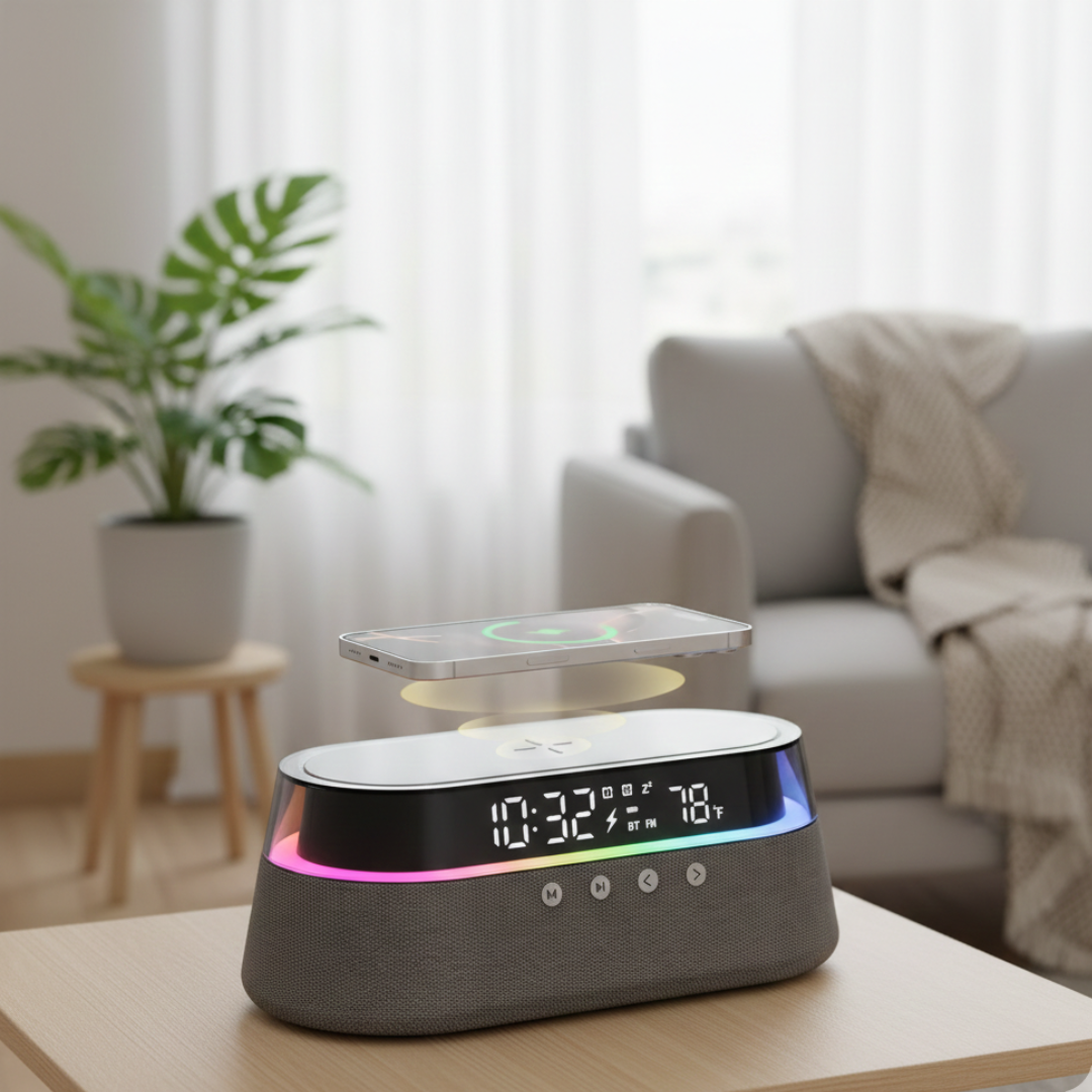 Altavoz Bluetooth compacto con despertador — base de carga inalámbrica de 15W, iluminación ambiental