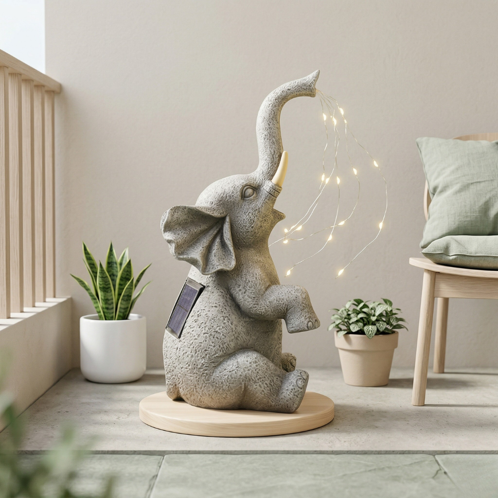 Sloní zahradní dekorace na solární pohon — integrované LED teplé světlo