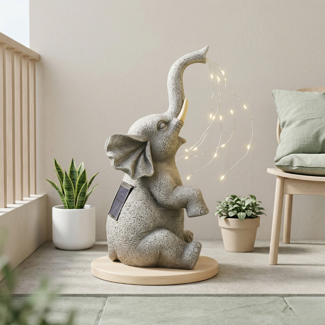 Sloní zahradní dekorace na solární pohon — integrované LED teplé světlo