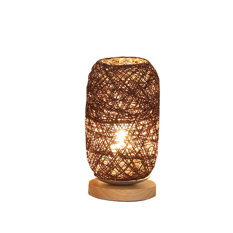 Lampe de table japandi — rotin naturel et finition bois