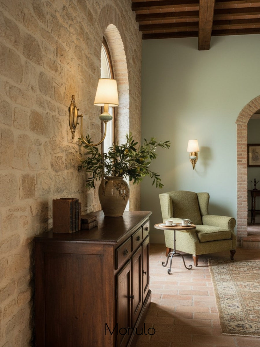 Keramische wandlamp met stoffen kap, 1 of 2 E27-lampen