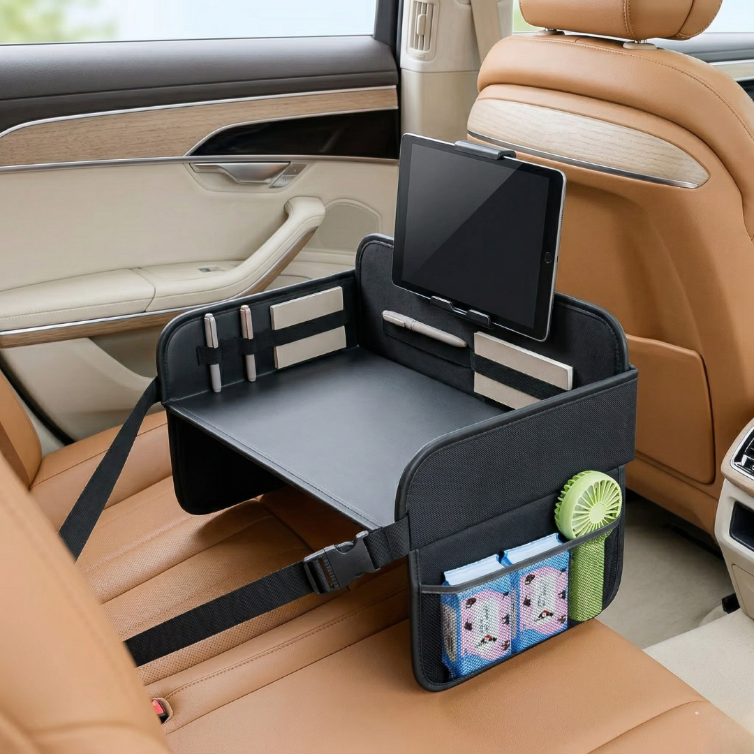 Organiseur avec plateau-repas pour banquette arrière - surface facile à nettoyer, base stable