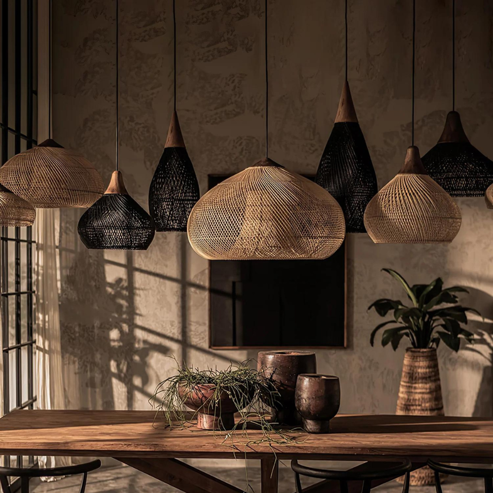 Lampă suspendată din ratan, lucrată manual - decor Japandi boho