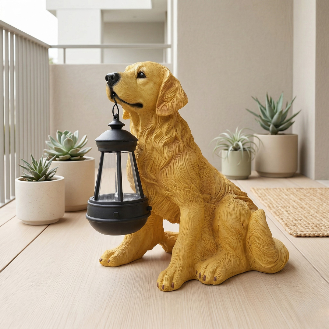 Decorazione da giardino a forma di cucciolo giocoso alimentata a energia solare — design con luce notturna