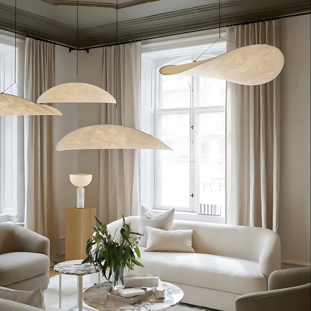 Lampa wisząca w stylu Japandi — ręcznie tkany jedwabny klosz, Ø40/Ø60/Ø80